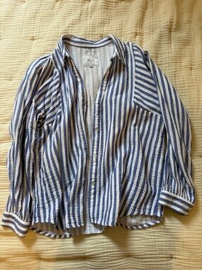 Blue and White Striped Women’s Button-Up Shirt Beach Cover-up